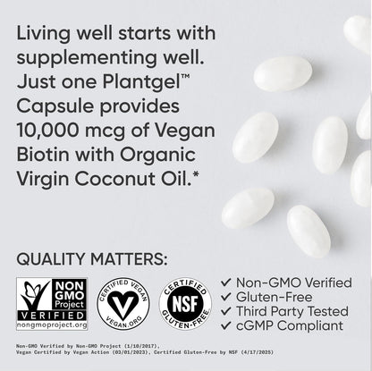 ® Biotin 10,000Mcg with Organic Coconut Oil - Biotin (Vitamin B7) for Healthy Skin and Hair Support* - for Women and Men - Vegan, Non-Gmo, Gluten & Soy-Free - 120 Veggie Softgels