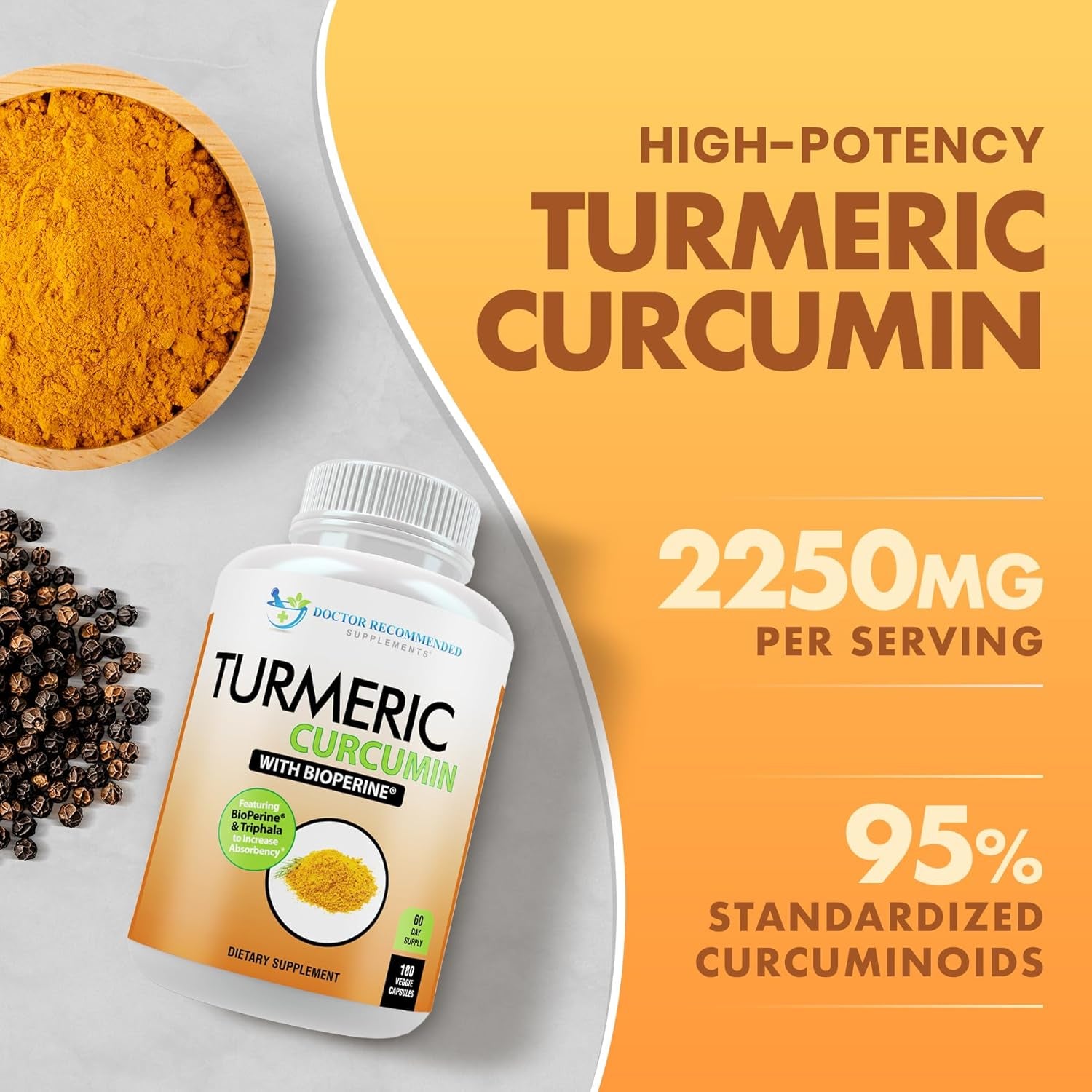 Cúrcuma Curcumina 2250mg con Bioperina | 180 Cápsulas Veganas 100% Orgánicas