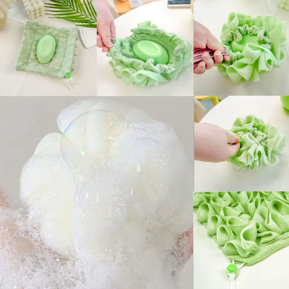 2-In-1 Bath Ball Towel Loofah with Drawstring Closure for Soap Soft Exfoliating Mesh Shower Sponge Skin Care Bathing Tool