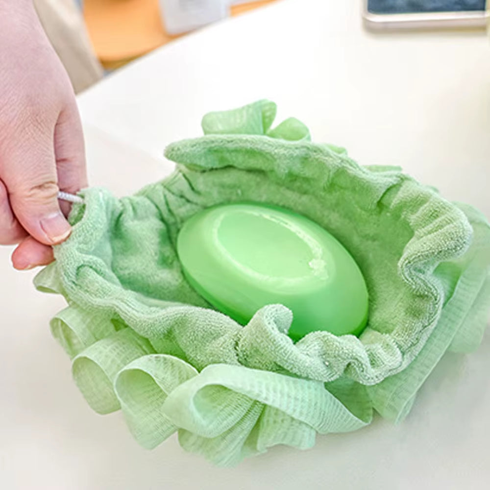 2-In-1 Bath Ball Towel Loofah with Drawstring Closure for Soap Soft Exfoliating Mesh Shower Sponge Skin Care Bathing Tool
