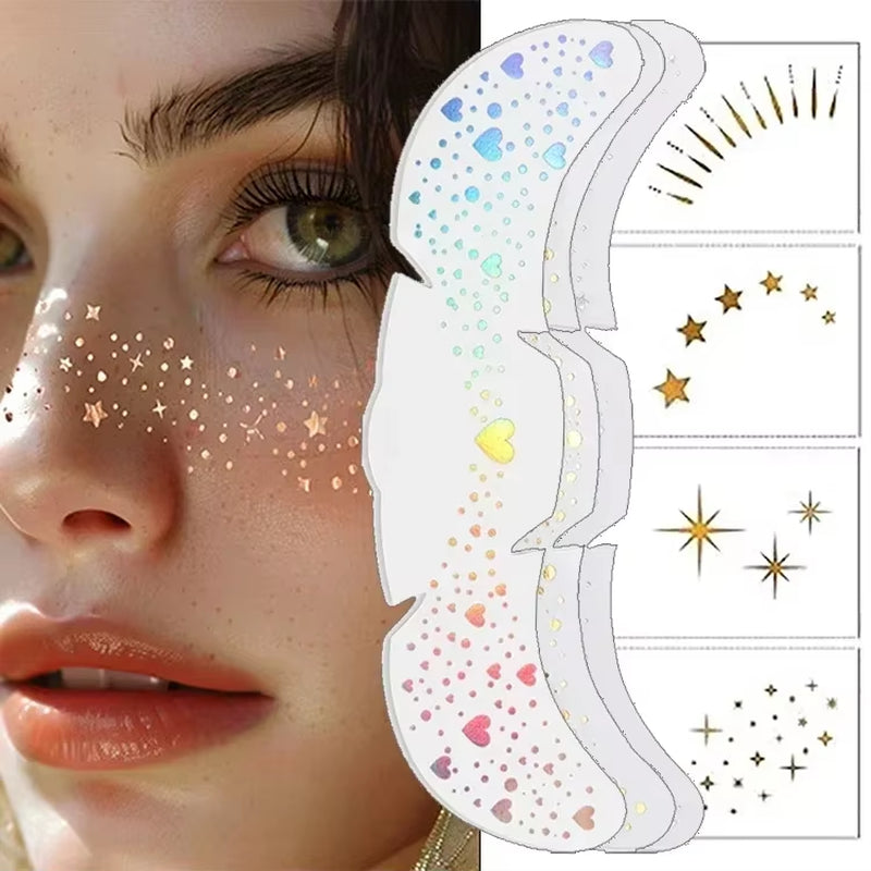 6Pcs Hot Stamping Freckles Makeup Patches Metallic Radiation Golden Silver Fake Freckles Temporary Tattoo Stickers Face Makeup