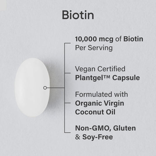 ® Biotin 10,000Mcg with Organic Coconut Oil - Biotin (Vitamin B7) for Healthy Skin and Hair Support* - for Women and Men - Vegan, Non-Gmo, Gluten & Soy-Free - 120 Veggie Softgels