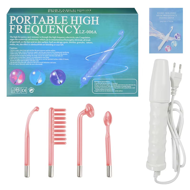 4-IN-1 Portable High Frequency Facial Beauty Machine Electrode Purple Light Glass Tube Wand Acne Massage Facial SPA Skin Care